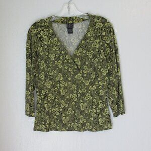 INC Black & Green Pullover V-Neck Medium Blouse Long Sleeve